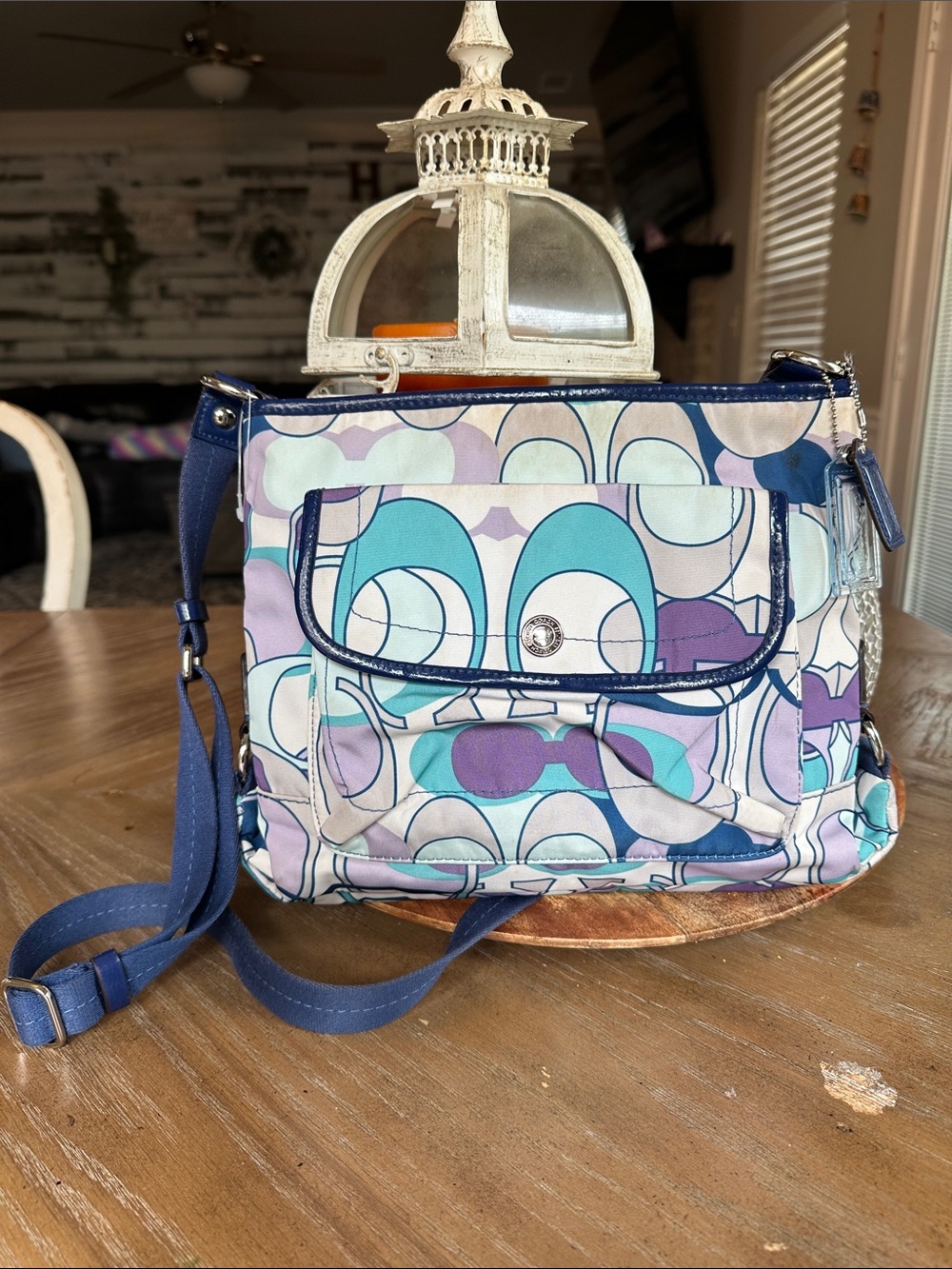 Coach Geometric Print Crossbody in Teal, Purple & Navy